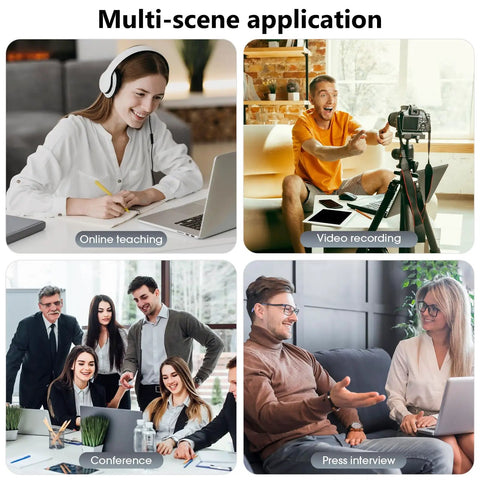 Collage showing 4 in 1 Wireless Lavalier Microphone used in teaching, video recording, conference, and interview scenes.