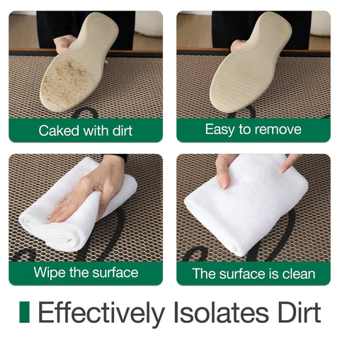 Hello Door Mat 17x30 No Slip Durable Rubber Entrance Doormat demonstrating dirt removal process with wiping steps.