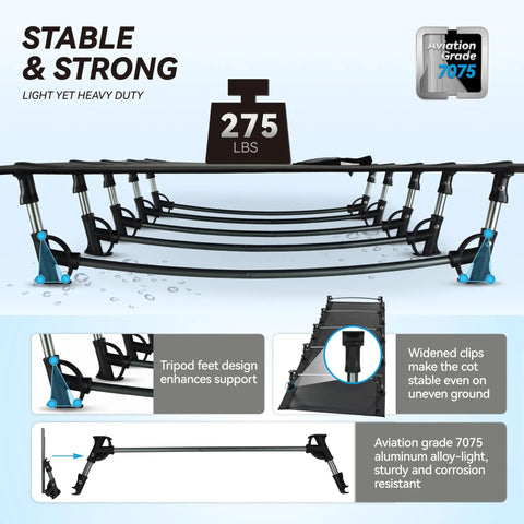 Ultralight Folding Camping Cot Bed For Outdoor Travel Portable And Compact Base Camp Ready Perfect For Hiking Mountaineering And Lightweight Backpacking In Black, featuring stable tripod feet and 275 lbs weight limit.