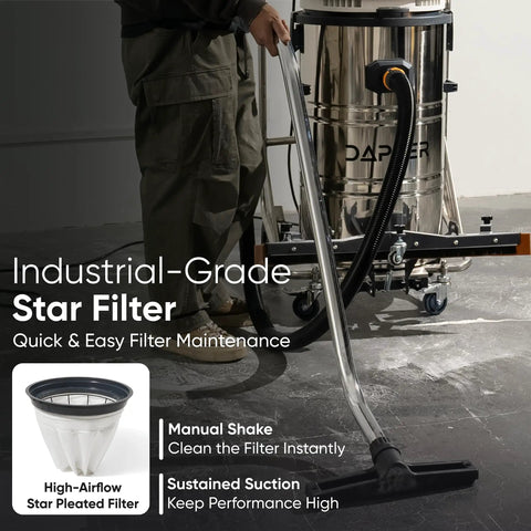 Badass Heavy Duty Industrial Wet Dry Vacuum 21 Gallon Tank with Stainless Steel Barrel and Star Filter for easy maintenance.