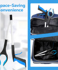 Grabber Reacher Tool, 32-inch blue and black foldable gripper, shown with blue carrying bag and inside pouch