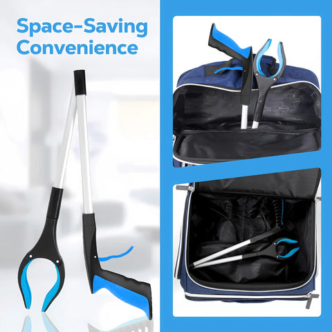 Grabber Reacher Tool, 32-inch blue and black foldable gripper, shown with blue carrying bag and inside pouch