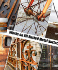 Rust Busting Converter And Metal Primer For Metal Surfaces That Stops Rust And Seals Moisture, Lets You Paint Over Rusted Metal, Anti Rust Coating For Automotive And Marine Use, Heat And UV Resistant, Great For Farm Equipment And Fences, 35 Oz shown with applications on tools, bicycle, boat hulls, and iron gate.