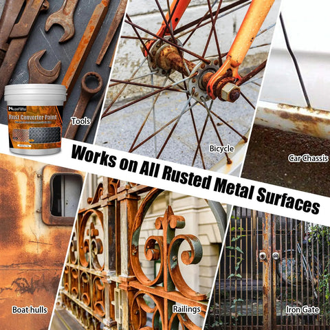Rust Busting Converter And Metal Primer For Metal Surfaces That Stops Rust And Seals Moisture, Lets You Paint Over Rusted Metal, Anti Rust Coating For Automotive And Marine Use, Heat And UV Resistant, Great For Farm Equipment And Fences, 35 Oz shown with applications on tools, bicycle, boat hulls, and iron gate.