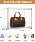 Clear Acrylic Purses And Handbag Organizer Display Case Set With Magnetic Door featuring a handbag, dimensions 14.2x10.66x8.7 inches.
