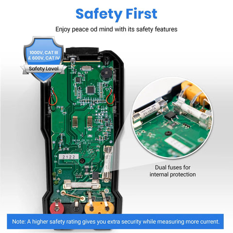 All In One Digital Multimeter True RMS 6000 Counts internal circuitry with safety features and dual fuses visible