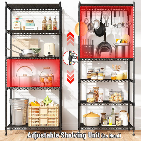 Five Tier Adjustable Narrow Storage Shelves For Kitchen, Heavy Duty Metal Rack With 1010 Lbs Load Capacity, Anti-Wobble Stability, pantry organizer