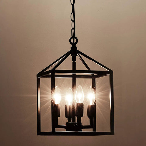 Black Farmhouse Chandelier 4 Light Industrial Lantern Chandelier Metal Frame Rustic Cage Pendant Light Fixture