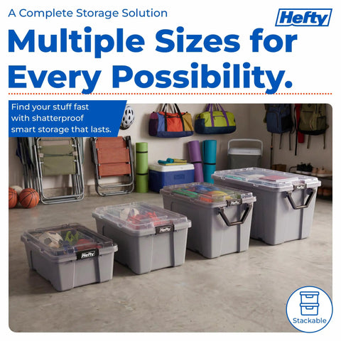 Kick Butt Heavy Duty 50 Gallon Storage Bins with Crystal Clear Lids Nesting Stackable Plastic Totes Hold All Tools Seasonal Gear and Bulky Clutter 2 Pack Grey in a garage setting.