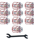 Top Shelf Chrome Sidewall Fire Sprinkler Kit With One Half Inch Npt Standard Response And K Factor Rating Including Ul Listed Escutcheon Wrench and Head Guard For No Hassle Ready To Deploy Ten Pack Installation, showing sprinkler heads and wrench.
