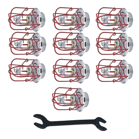 Top Shelf Chrome Sidewall Fire Sprinkler Kit With One Half Inch Npt Standard Response And K Factor Rating Including Ul Listed Escutcheon Wrench and Head Guard For No Hassle Ready To Deploy Ten Pack Installation, showing sprinkler heads and wrench.