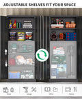 Heavy Duty Metal Garage Storage Cabinet With Doors And Adjustable Shelves 71 Inch Tall Steel Locker Organizer filled with tools and supplies