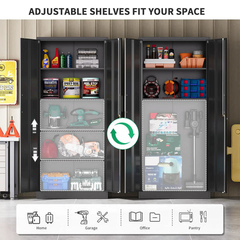 Heavy Duty Metal Garage Storage Cabinet With Doors And Adjustable Shelves 71 Inch Tall Steel Locker Organizer filled with tools and supplies