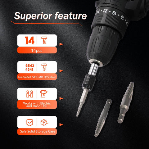 Fourteen Piece Spiral Screw Extractor Set With Tungsten Carbide Tip Scriber Pen Cobalt Left Hand Drill Bits in use with drill