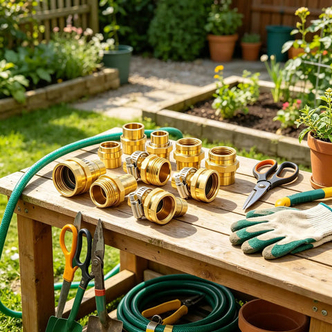 Complete Garden Hose Repair Kit Fixes Leaks Fast with Heavy Duty Aluminum Ends And Stainless Clamps Perfect For 3 4 Or 5 8 Inch Hoses Easy Fix For Sprinklers on garden workbench