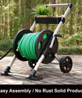 Two Wheel Hose Reel Cart holding green hose, Workhorse Two Wheel Hose Reel Cart With Aluminum Frame Holds 250 Feet Of Five Eighth Inch Hose Rust Free Anodized Aluminum Frame With Stainless Hardware Leak Proof Aluminum Water Connections Never Flat Tires And Handy Tool Storage Basket