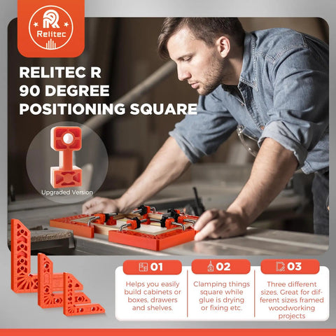 Man using 90 Degree Corner Clamp Set For Woodworking Right Angle Tool Clamps For Cabinets Drawers Frames Shelves Includes 3 Inch 4 Inch 6 Inch Clamps Upgraded Adjustable Fixing Block For Fast Square Glueups