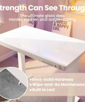 Glass Standing Desk With Drawers, 35 By 20 Inch Electric Adjustable Height, one piece tabletop, white glass surface in home office