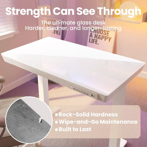 Glass Standing Desk With Drawers, 35 By 20 Inch Electric Adjustable Height, one piece tabletop, white glass surface in home office