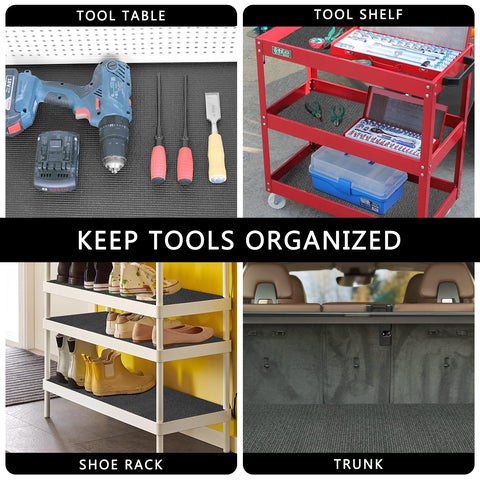 Foam Toolbox Drawer Liner Mat One Eighth Inch Thick Sixteen Inches Wide Sixteen Feet Long Black No Slip Tool Protector in tool table, shelf, shoe rack, and car trunk settings.