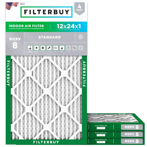 Front view of 12x24x1 MERV 8 Pleated Air Filter Replacement For Furnace AC And HVAC Systems, 4 pack, actual size 11.50 x 23.50 x 0.75 in