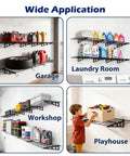 Beefy Heavy Duty Garage Wall Shelves Set, 2x6 Ft Metal Storage Racks, Four Wall Mounted Floating Shelves 24x36 Inches With Hooks, Each Shelf Holds Up To 350 Lbs, Space Saving Organizer For Tools And Gear in use in garage, laundry room, workshop, and playhouse