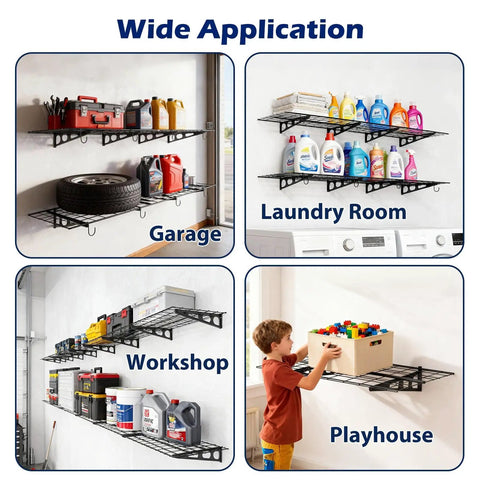 Beefy Heavy Duty Garage Wall Shelves Set, 2x6 Ft Metal Storage Racks, Four Wall Mounted Floating Shelves 24x36 Inches With Hooks, Each Shelf Holds Up To 350 Lbs, Space Saving Organizer For Tools And Gear in use in garage, laundry room, workshop, and playhouse