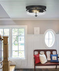 Rustic Seeded Glass Shade Black Flush Mount Ceiling Light 2 Light Fixture for Bedroom Kitchen Dining Room Hallway