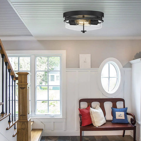 Rustic Seeded Glass Shade Black Flush Mount Ceiling Light 2 Light Fixture for Bedroom Kitchen Dining Room Hallway