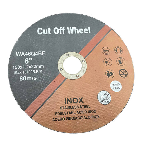 Cut-off wheel for angle grinder, 6 inch, 0.047 in thick, 7/8 in bore, stainless steel