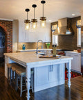 Kitchen with Farmhouse Vibe 5 Light Pendant Light For Kitchen Island Black Finish With Clear Glass Shades Long Hanging Fixture