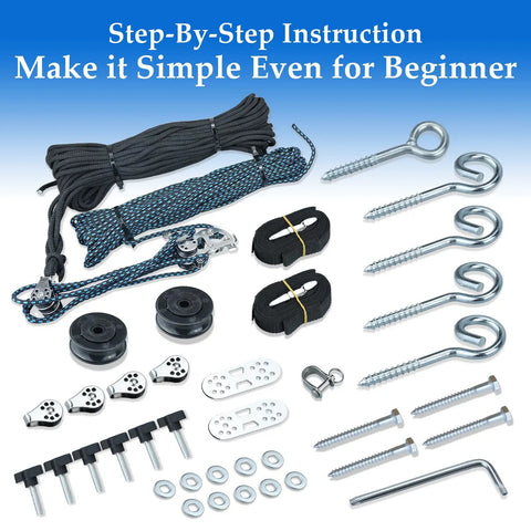 Heavy Duty Jeep Wrangler Hard Top Removal Lift Hoist With Self Levelling Design And Safety Anti-Drop Feature For Easy Roof Access And Secure Lifting Up To Two Hundred Pounds with pulleys, ropes, hooks, and hardware.