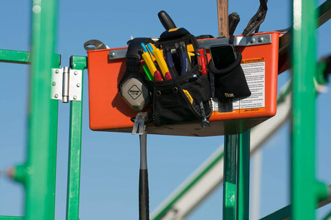 Beefed Up Tool Organizer Bin For Scaffolding And Aerial Work Platforms With Adjustable Dividers Weep Slots And Metal Belt Clip on railing