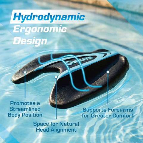 Hydrofoil Kickboard For Adults With Ergonomic Convex Design And Angled Cutouts in pool displaying its unique shape and features