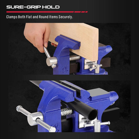 Heavy Duty Four And A Half Inch Tough As Nails Bench Vise With Multi Jaw Design clamping wood and pipe securely