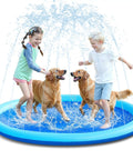 Children and dogs playing on a Non Slip 72 Inch Splash Pad Sprinkler for Outdoor Water Play Thickened Durable Backyard Toy Mat, blue color.