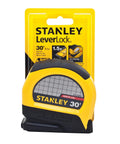 Lever Lock Tape Measure 30 Ft By 1 In With Tru Zero Hook Push Release Self Locking Blade Polymer Coated Blade High Impact ABS Case