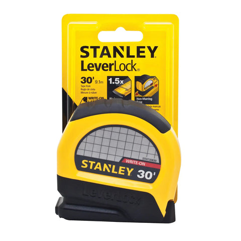 Lever Lock Tape Measure 30 Ft By 1 In With Tru Zero Hook Push Release Self Locking Blade Polymer Coated Blade High Impact ABS Case