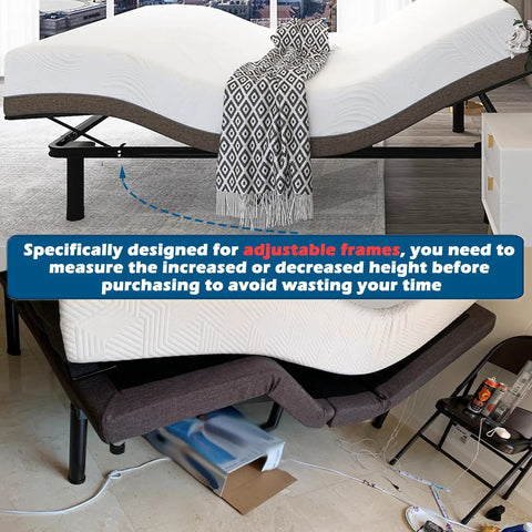 Beefy Heavy Duty Adjustable Bed Frame Legs Set Of Four Extra Height Metal Replacement Supports M8 And M10 Threads Fits 90 Percent Of Standard Frames No Sweat Installation Required shown on adjustable bed with mattress.