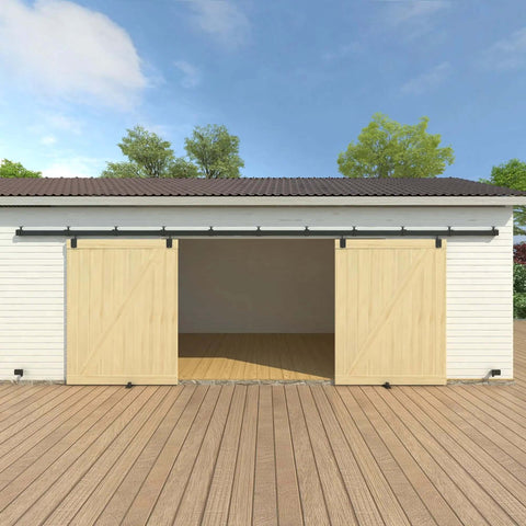 Beefy 20 Foot Black Box Rail Exterior Barn Door Hardware Kit For Two Doors installed on outdoor white building front view