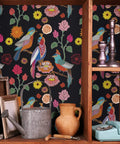 Dark Parrot Floral Peel And Stick Wallpaper 17.7 Inch Wide By 78.7 Inch Long, Vintage Exotic Birds And Flowers Pattern on shelf wall