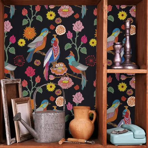 Dark Parrot Floral Peel And Stick Wallpaper 17.7 Inch Wide By 78.7 Inch Long, Vintage Exotic Birds And Flowers Pattern on shelf wall