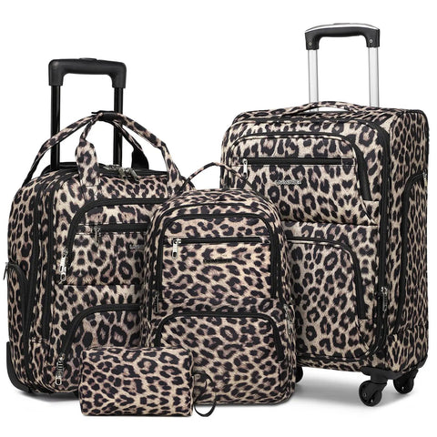 Expandable Softside 4-Piece Luggage Set With 20 Inch Carry-On, 16 Inch Underseat Bag, Spinner Wheels, TSA Lock, Leopard Print