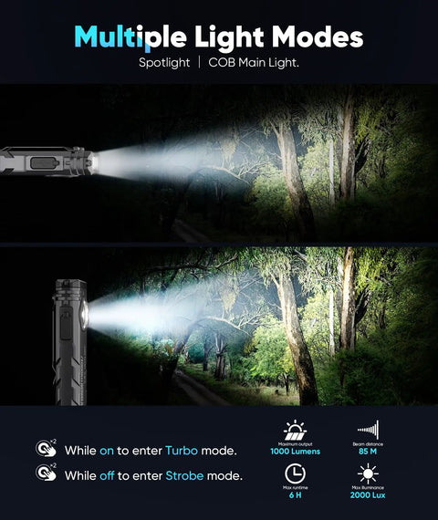 Rugged Rechargeable EDC Flashlight With Turbo Mode, 1000 Lumens LED, illuminating forest path, spotlight and COB modes shown.