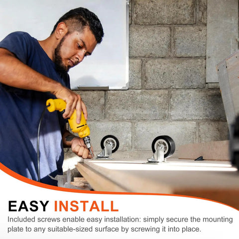 Man installing Rock Solid Universal One Inch Caster Wheels Set Of Eight Featuring Silky Smooth Ball Bearings In Matte Black.