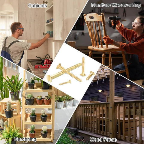 Brass Slotted Flat Head Wood Screws M4 x 30mm Self-Tapping For Indoor Furniture Appliances And Woodworking No-Fuss Quick Fix For Cabinets DIY Projects Fences And Home Improvement Pack Of 12 shown with applications in cabinets, furniture, gardening, and fences.