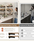 Industrial Black Iron Pipe Shelf Brackets Wall Mount DIY Shelving with organized bathroom setup and cluttered counter comparison.