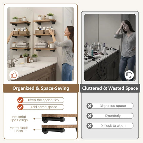 Comparison of organized bathroom with industrial pipe shelf brackets and cluttered space.