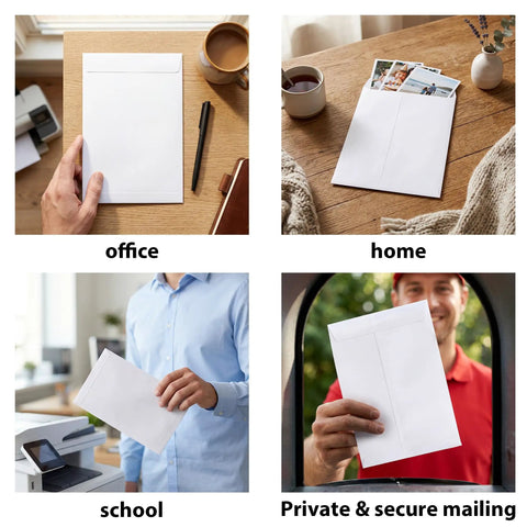 Six By Nine Catalog Envelopes Self Seal White For Mailing Documents Photos Invoices Invitations And Storage In Office Or Home Use 50 Pack Must Have For Filing Letters And Small Office Papers showing various uses
