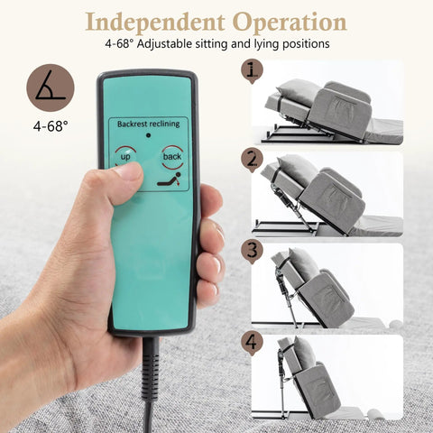 Espidoo Electric Adjustable Bed Backrest With Safety Rails, remote control for 4-68 degree tilt adjustment and spine support.